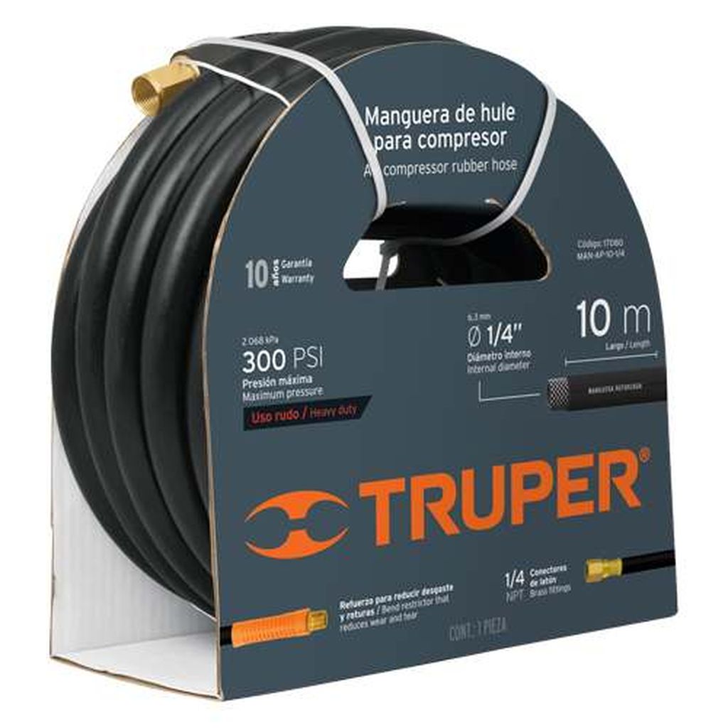 Manguera de hule para compresor, 10 m x 1/4', Truper MAN-AP-10-1/4 ...